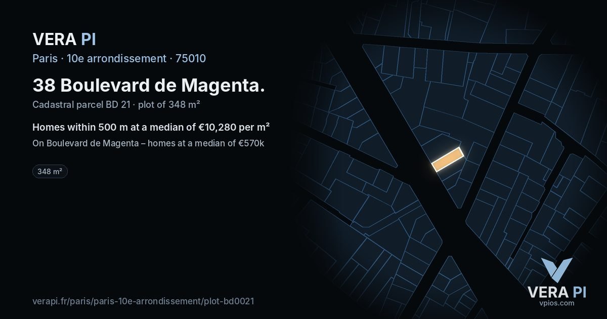 38 Boulevard de Magenta, 10e arrondissement at night – the plot lit, the parcels around coloured by the prices near them