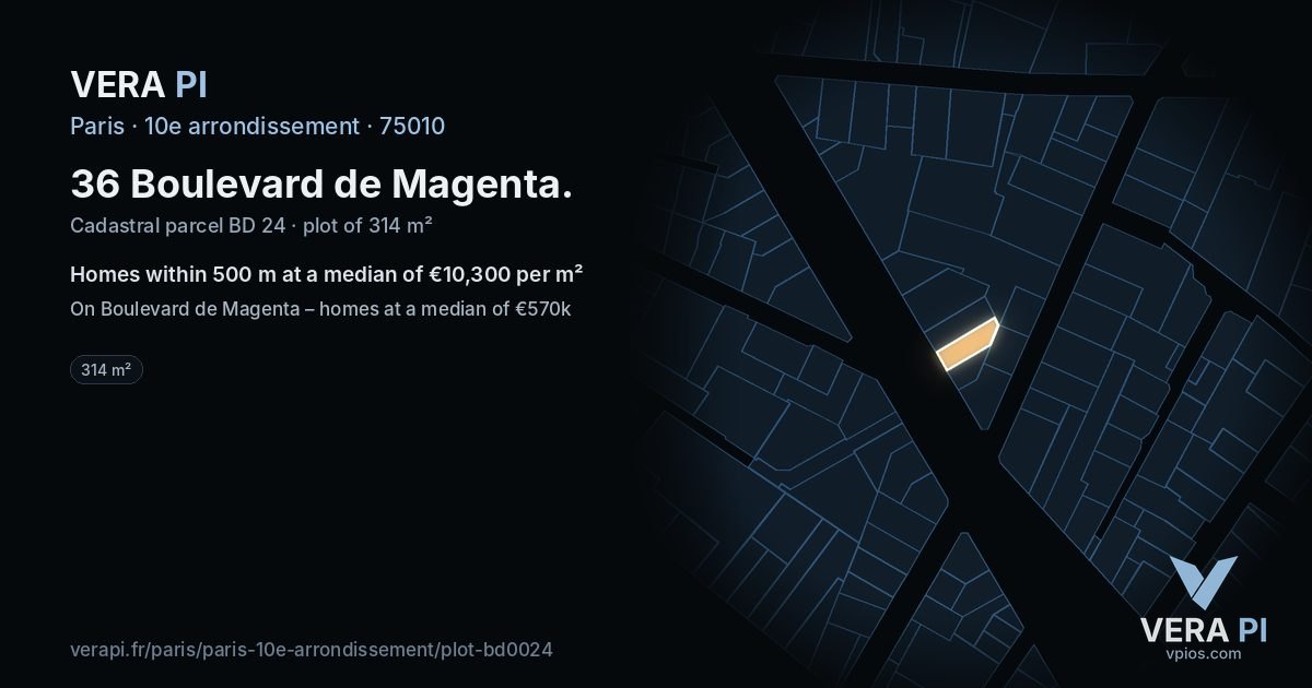 36 Boulevard de Magenta, 10e arrondissement at night – the plot lit, the parcels around coloured by the prices near them