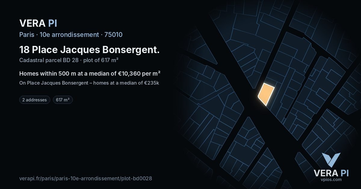 18 Place Jacques Bonsergent, 10e arrondissement at night – the plot lit, the parcels around coloured by the prices near them