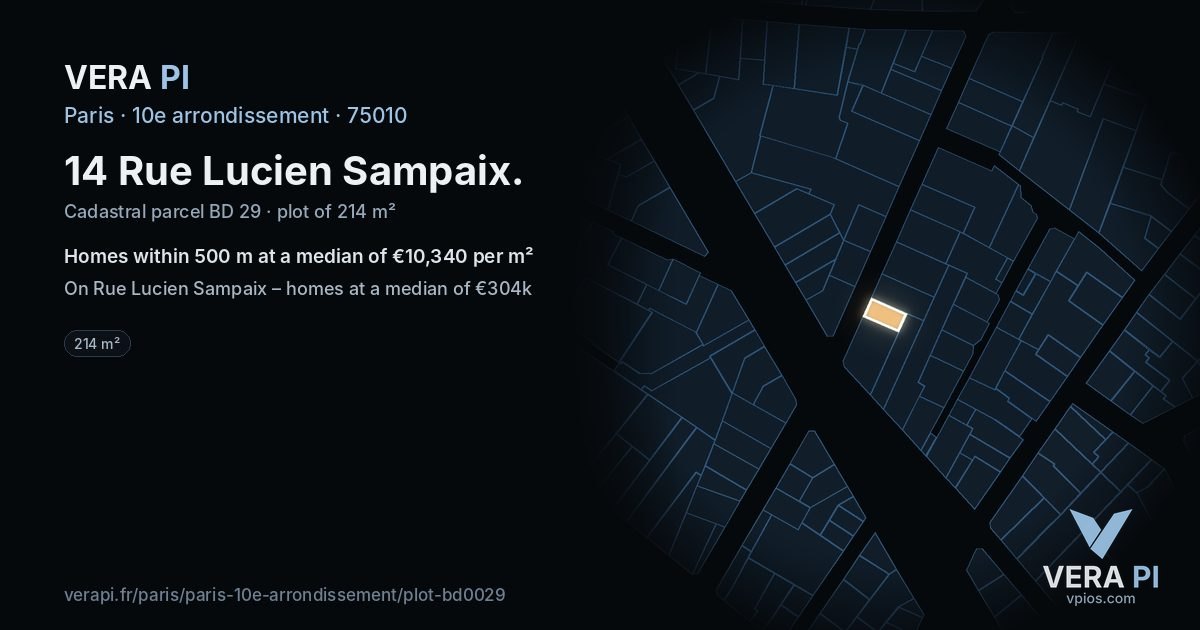 14 Rue Lucien Sampaix, 10e arrondissement at night – the plot lit, the parcels around coloured by the prices near them