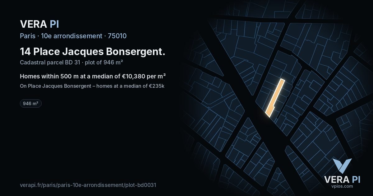 14 Place Jacques Bonsergent, 10e arrondissement at night – the plot lit, the parcels around coloured by the prices near them