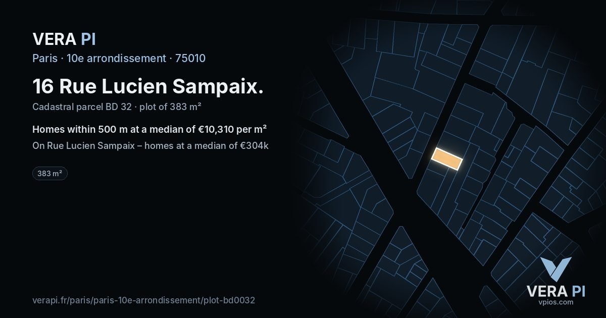 16 Rue Lucien Sampaix, 10e arrondissement at night – the plot lit, the parcels around coloured by the prices near them