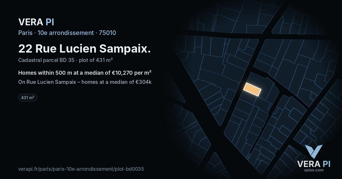 22 Rue Lucien Sampaix, 10e arrondissement at night – the plot lit, the parcels around coloured by the prices near them