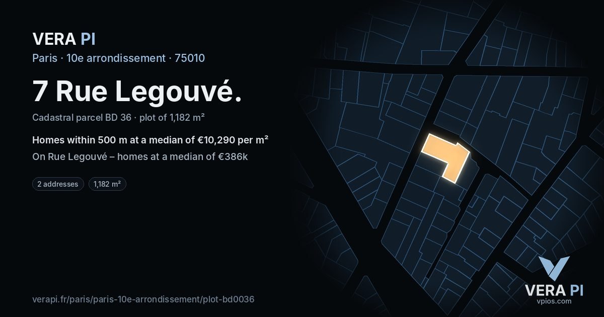 7 Rue Legouvé, 10e arrondissement at night – the plot lit, the parcels around coloured by the prices near them