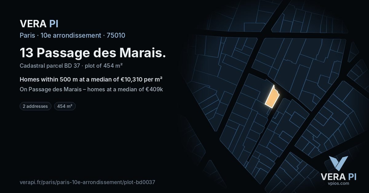 13 Passage des Marais, 10e arrondissement at night – the plot lit, the parcels around coloured by the prices near them