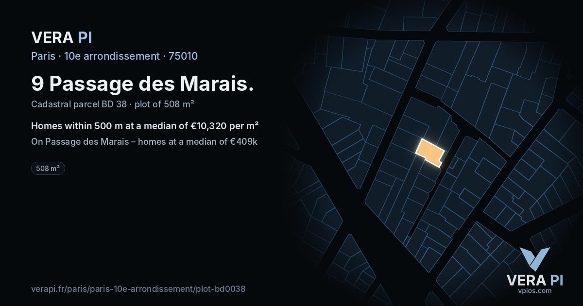 9 Passage des Marais, 10e arrondissement at night – the plot lit, the parcels around coloured by the prices near them