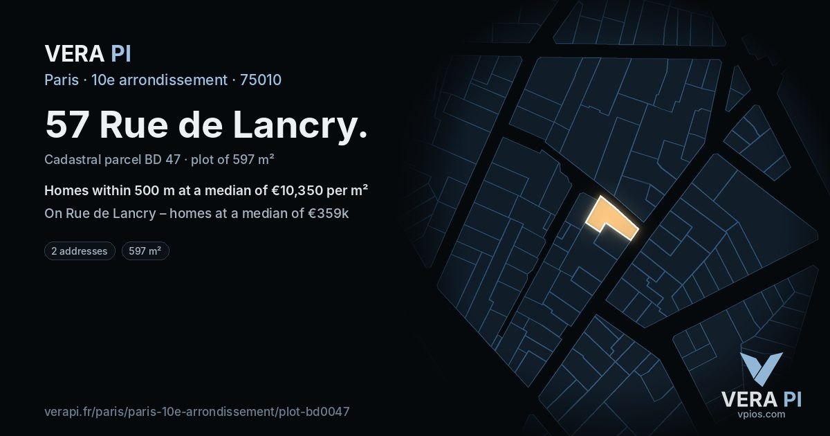57 Rue de Lancry, 10e arrondissement at night – the plot lit, the parcels around coloured by the prices near them