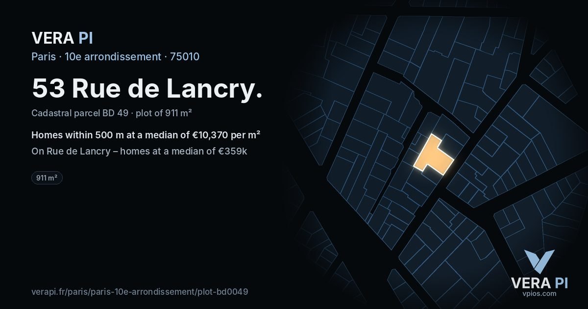 53 Rue de Lancry, 10e arrondissement at night – the plot lit, the parcels around coloured by the prices near them