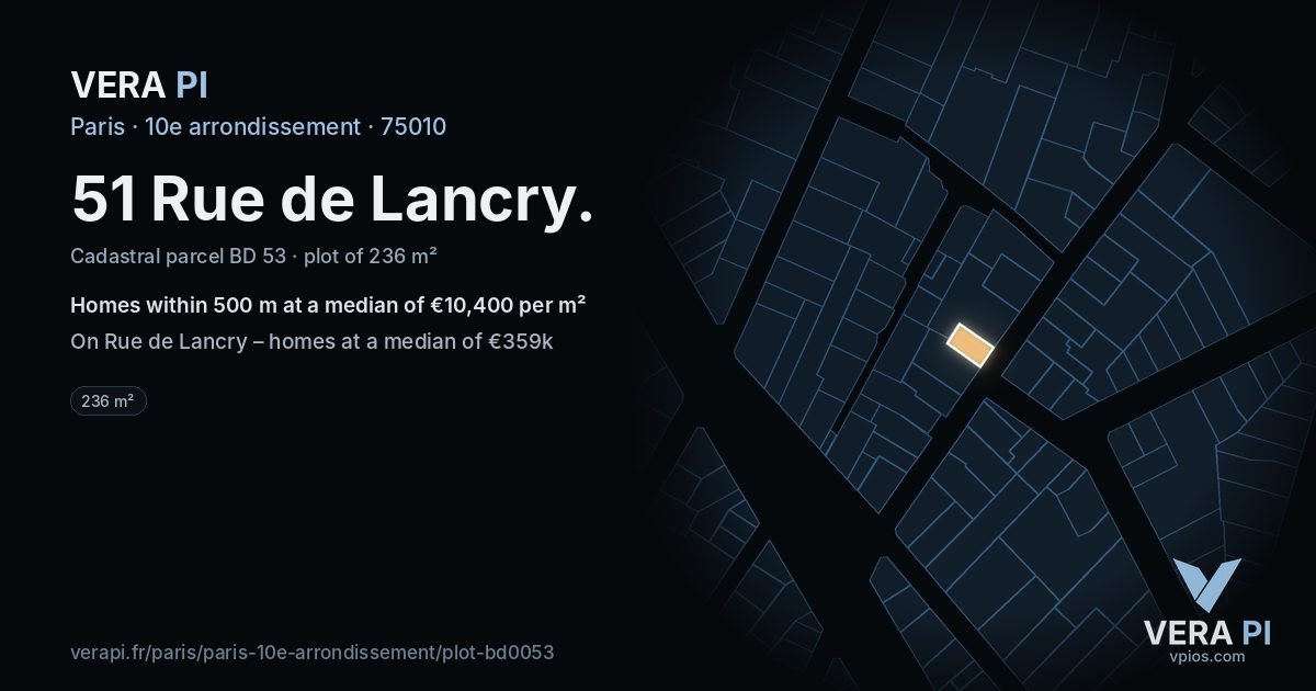51 Rue de Lancry, 10e arrondissement at night – the plot lit, the parcels around coloured by the prices near them