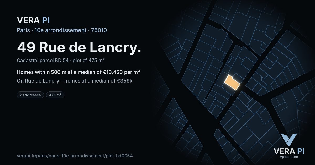49 Rue de Lancry, 10e arrondissement at night – the plot lit, the parcels around coloured by the prices near them