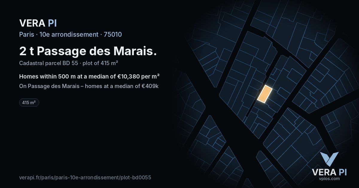 2 t Passage des Marais, 10e arrondissement at night – the plot lit, the parcels around coloured by the prices near them