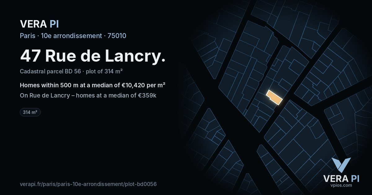 47 Rue de Lancry, 10e arrondissement at night – the plot lit, the parcels around coloured by the prices near them