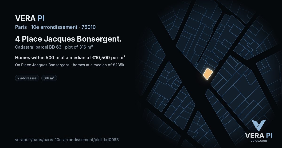 4 Place Jacques Bonsergent, 10e arrondissement at night – the plot lit, the parcels around coloured by the prices near them