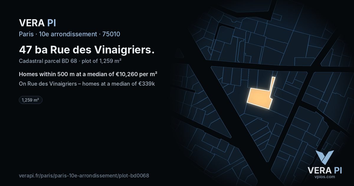 47 ba Rue des Vinaigriers, 10e arrondissement at night – the plot lit, the parcels around coloured by the prices near them
