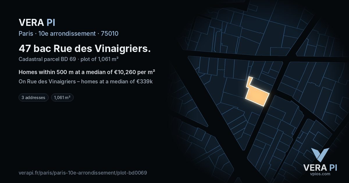 47 bac Rue des Vinaigriers, 10e arrondissement at night – the plot lit, the parcels around coloured by the prices near them