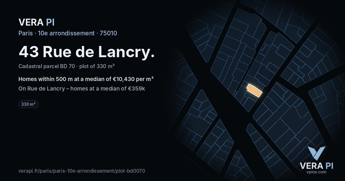 43 Rue de Lancry, 10e arrondissement at night – the plot lit, the parcels around coloured by the prices near them