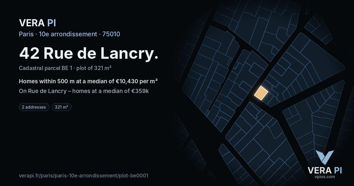 42 Rue de Lancry, 10e arrondissement at night – the plot lit, the parcels around coloured by the prices near them