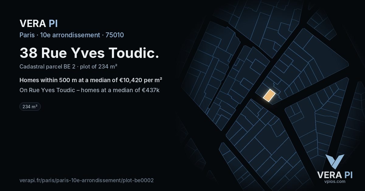 38 Rue Yves Toudic, 10e arrondissement at night – the plot lit, the parcels around coloured by the prices near them