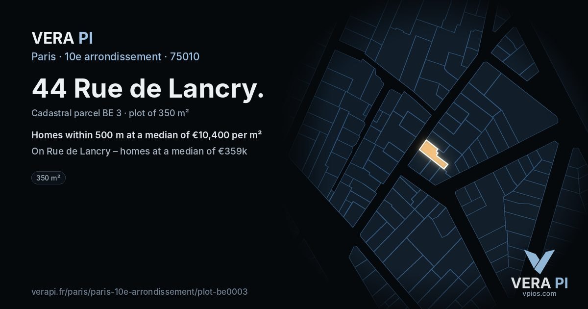 44 Rue de Lancry, 10e arrondissement at night – the plot lit, the parcels around coloured by the prices near them