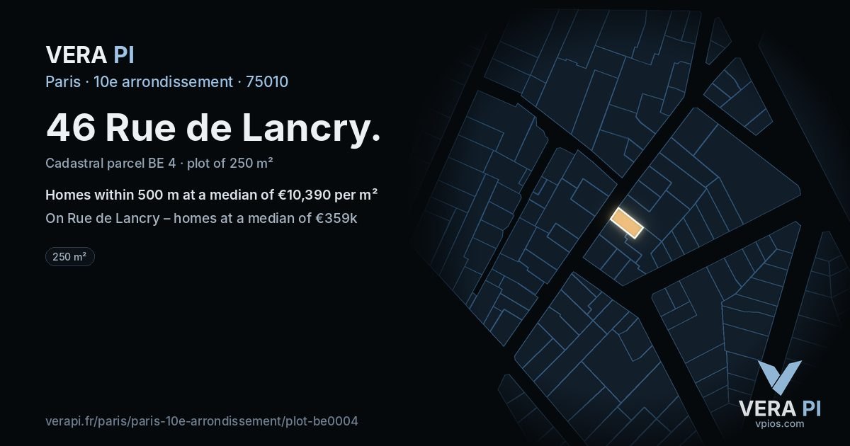 46 Rue de Lancry, 10e arrondissement at night – the plot lit, the parcels around coloured by the prices near them