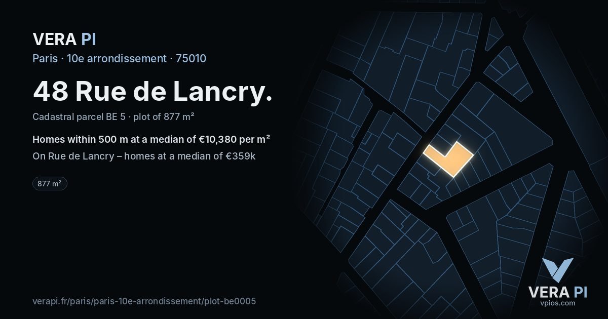 48 Rue de Lancry, 10e arrondissement at night – the plot lit, the parcels around coloured by the prices near them
