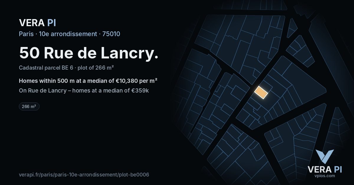 50 Rue de Lancry, 10e arrondissement at night – the plot lit, the parcels around coloured by the prices near them