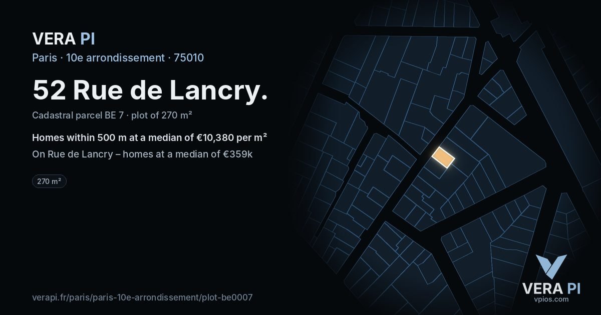 52 Rue de Lancry, 10e arrondissement at night – the plot lit, the parcels around coloured by the prices near them