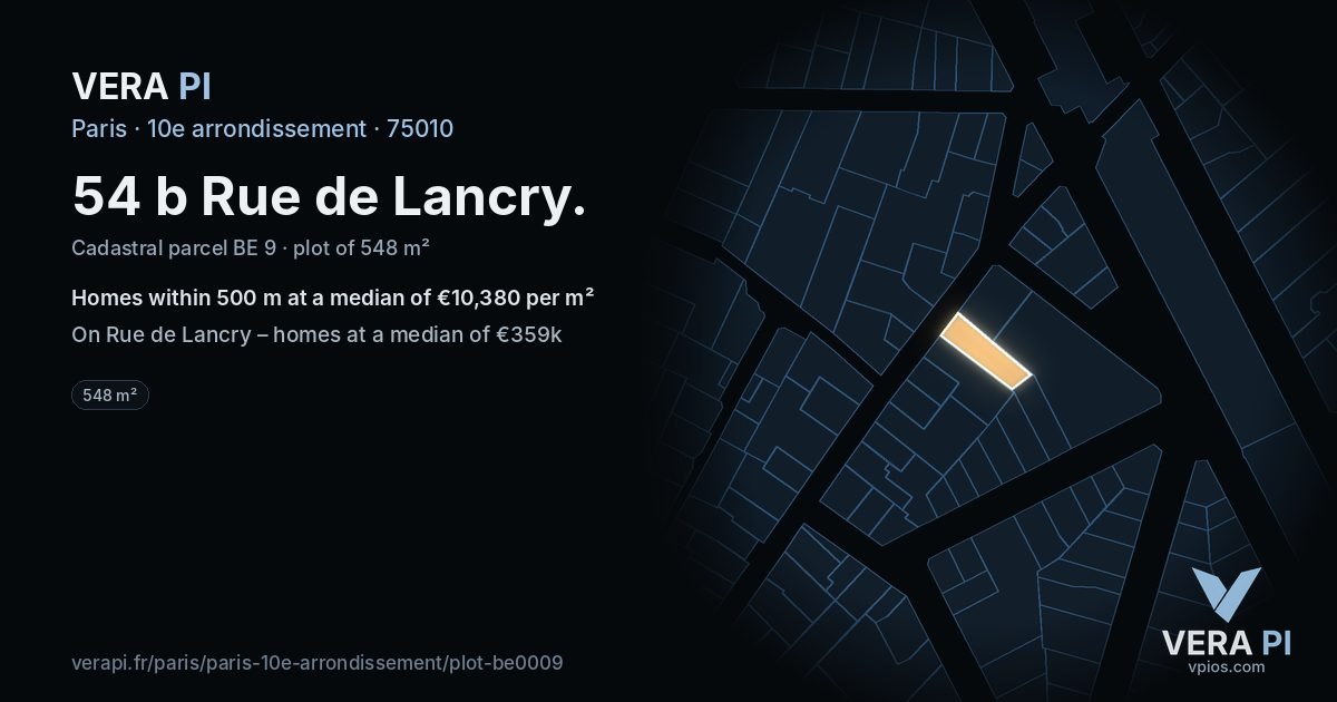 54 b Rue de Lancry, 10e arrondissement at night – the plot lit, the parcels around coloured by the prices near them