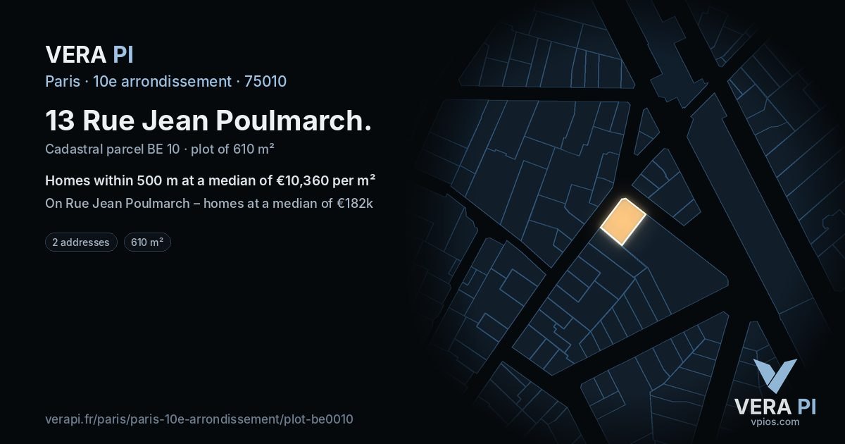 13 Rue Jean Poulmarch, 10e arrondissement at night – the plot lit, the parcels around coloured by the prices near them