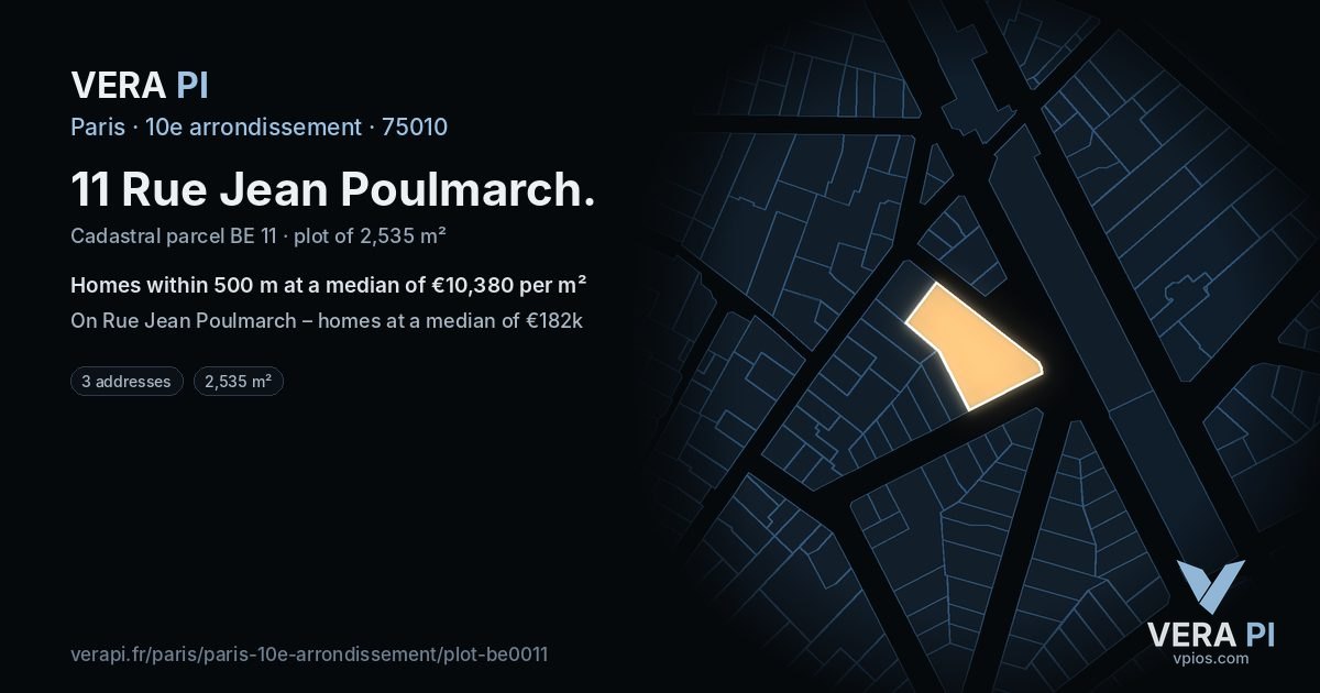 11 Rue Jean Poulmarch, 10e arrondissement at night – the plot lit, the parcels around coloured by the prices near them
