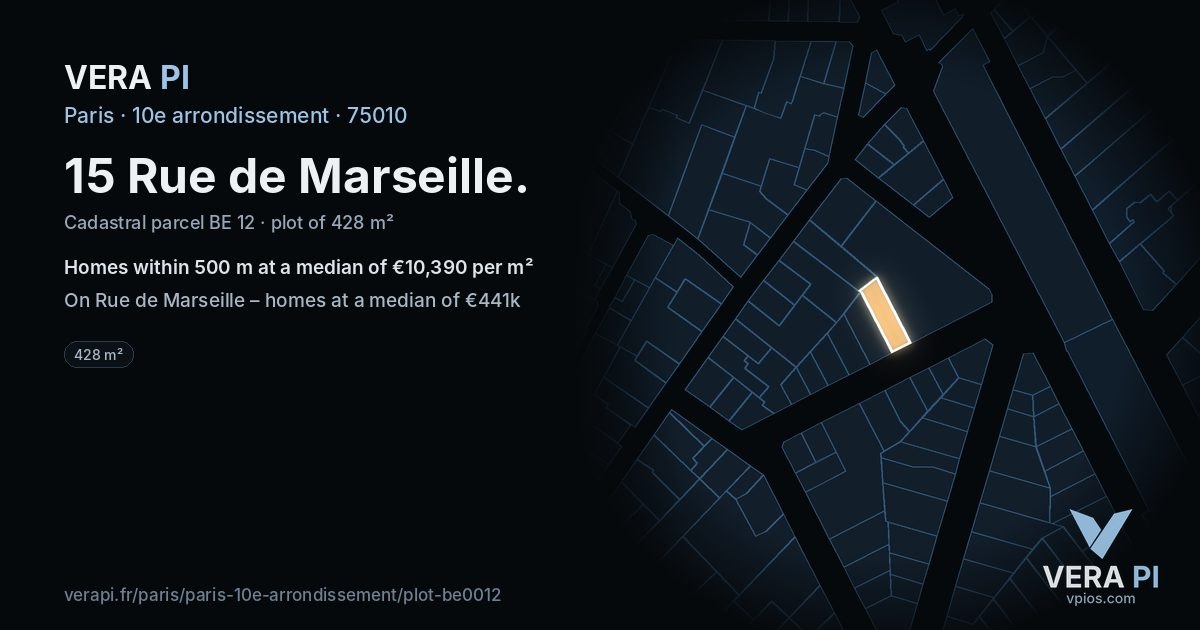 15 Rue de Marseille, 10e arrondissement at night – the plot lit, the parcels around coloured by the prices near them
