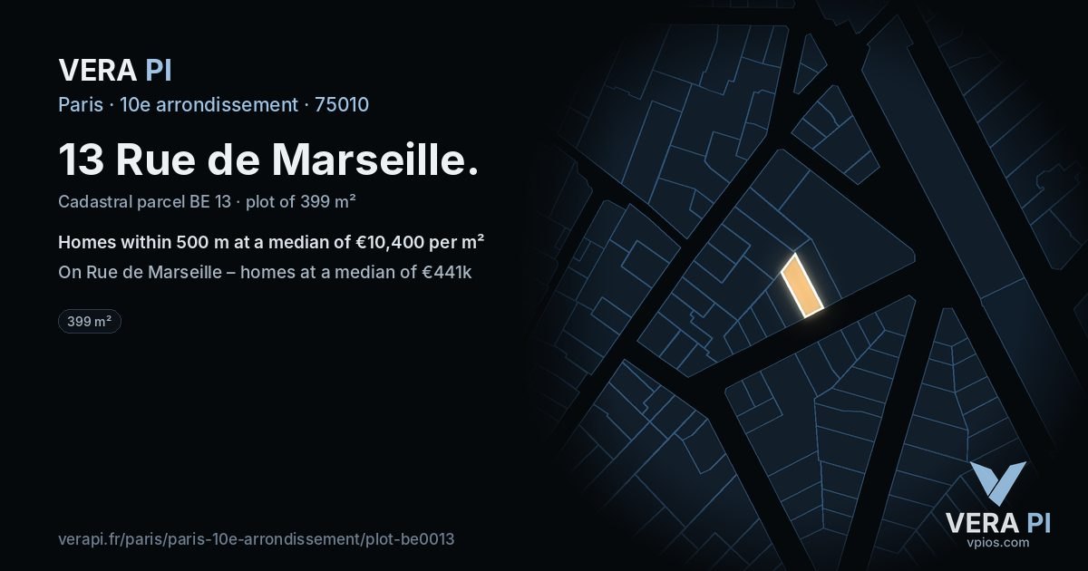 13 Rue de Marseille, 10e arrondissement at night – the plot lit, the parcels around coloured by the prices near them