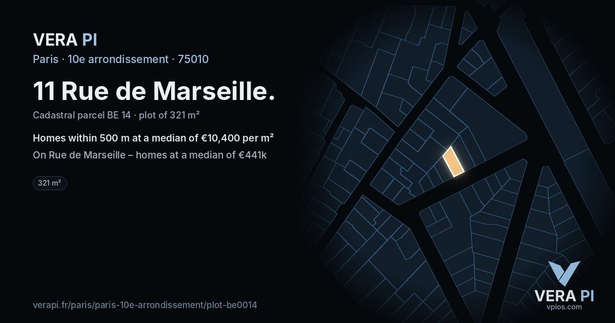 11 Rue de Marseille, 10e arrondissement at night – the plot lit, the parcels around coloured by the prices near them