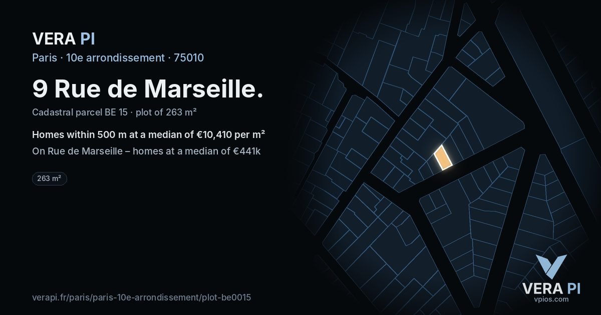 9 Rue de Marseille, 10e arrondissement at night – the plot lit, the parcels around coloured by the prices near them