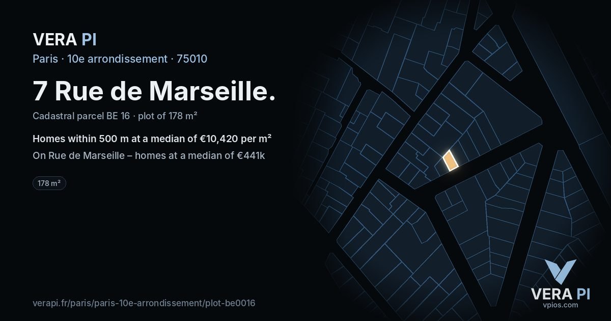 7 Rue de Marseille, 10e arrondissement at night – the plot lit, the parcels around coloured by the prices near them