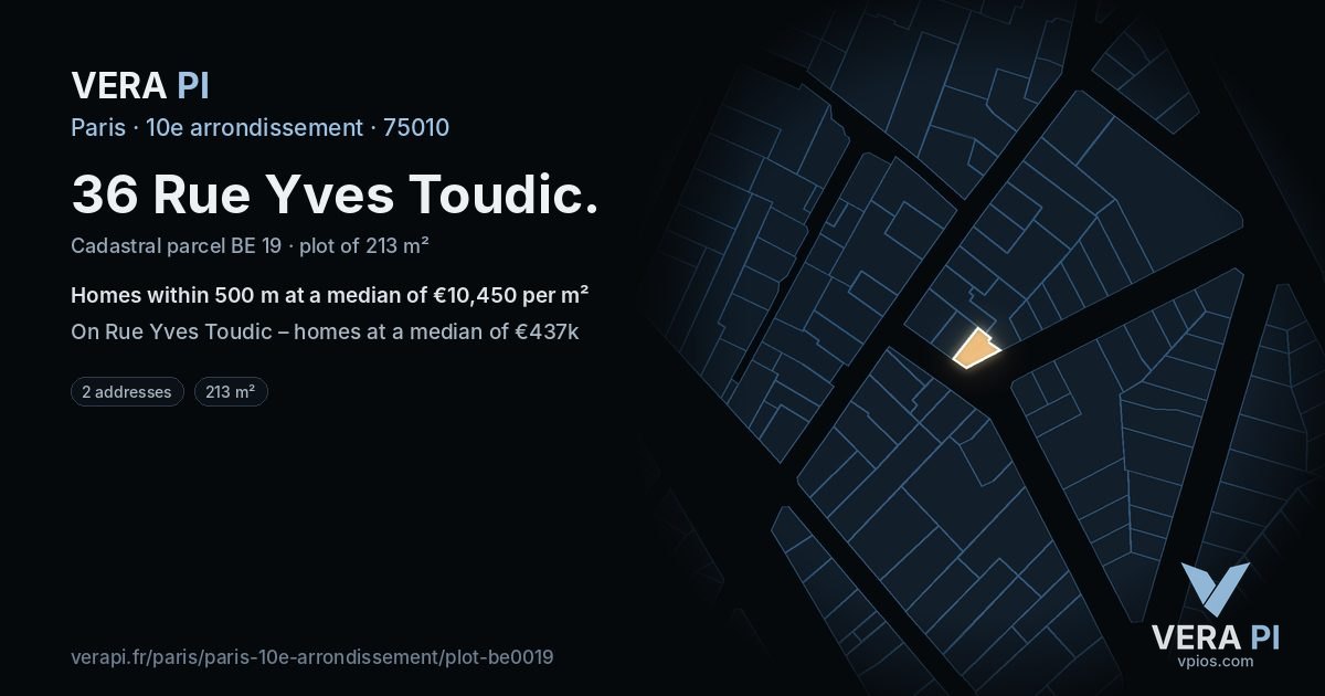 36 Rue Yves Toudic, 10e arrondissement at night – the plot lit, the parcels around coloured by the prices near them
