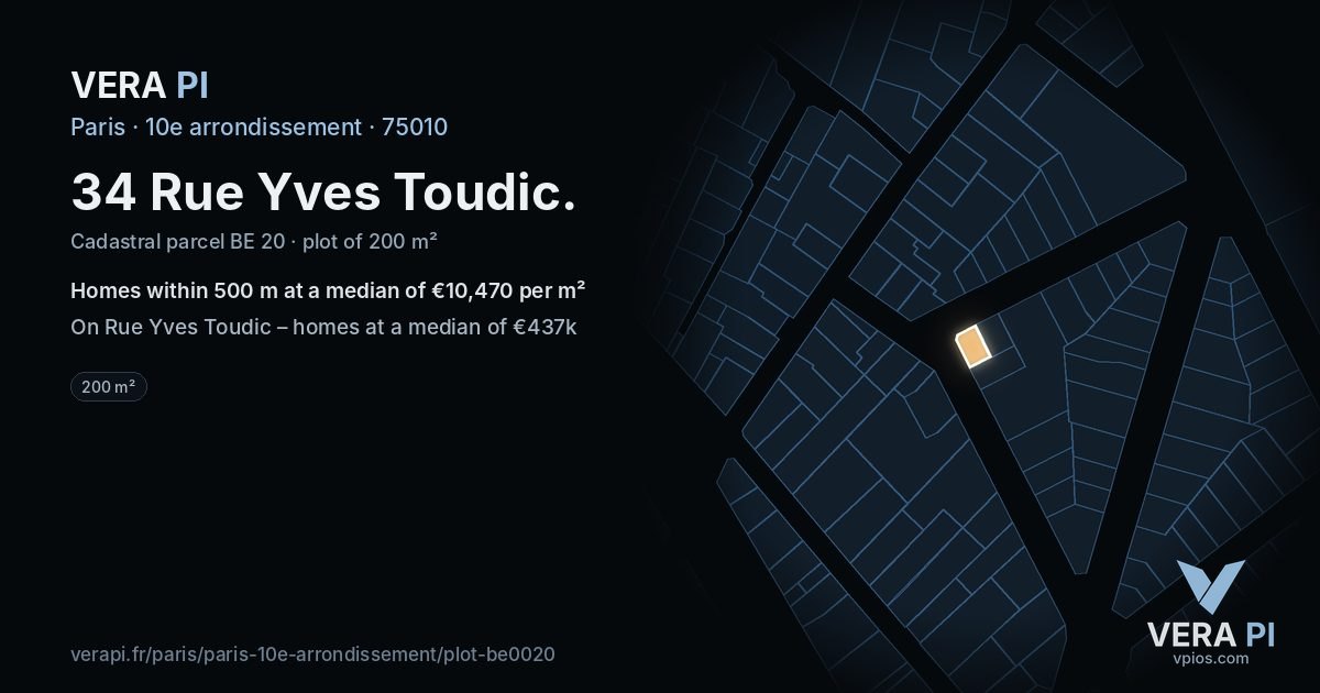34 Rue Yves Toudic, 10e arrondissement at night – the plot lit, the parcels around coloured by the prices near them