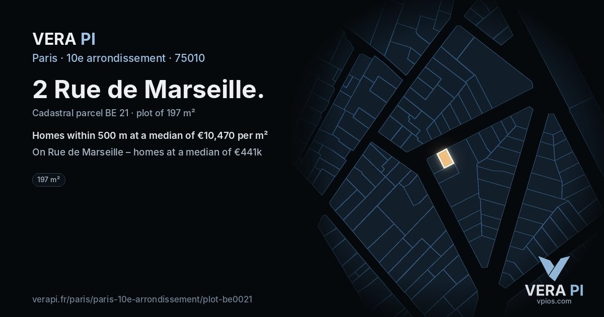 2 Rue de Marseille, 10e arrondissement at night – the plot lit, the parcels around coloured by the prices near them
