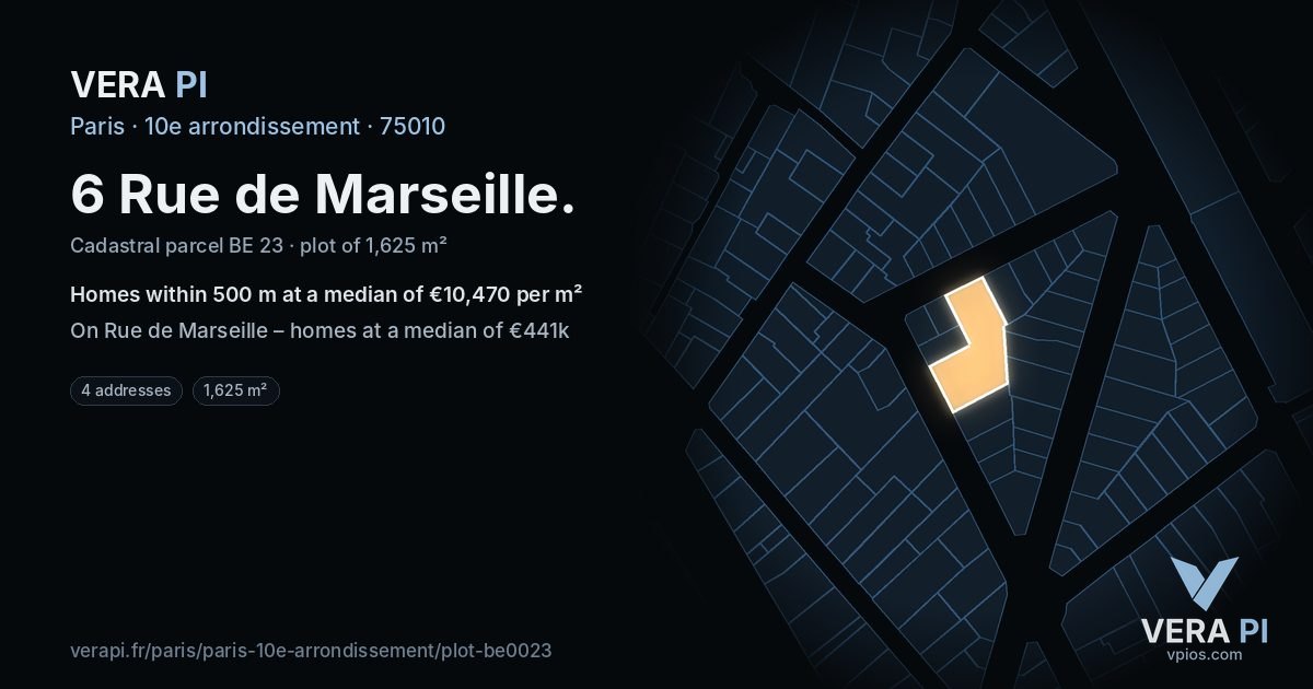 6 Rue de Marseille, 10e arrondissement at night – the plot lit, the parcels around coloured by the prices near them