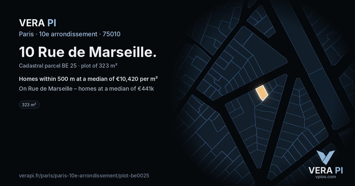 10 Rue de Marseille, 10e arrondissement at night – the plot lit, the parcels around coloured by the prices near them