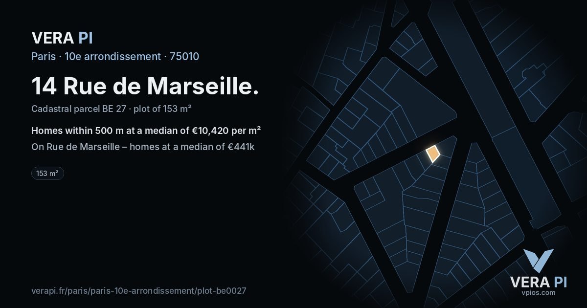 14 Rue de Marseille, 10e arrondissement at night – the plot lit, the parcels around coloured by the prices near them