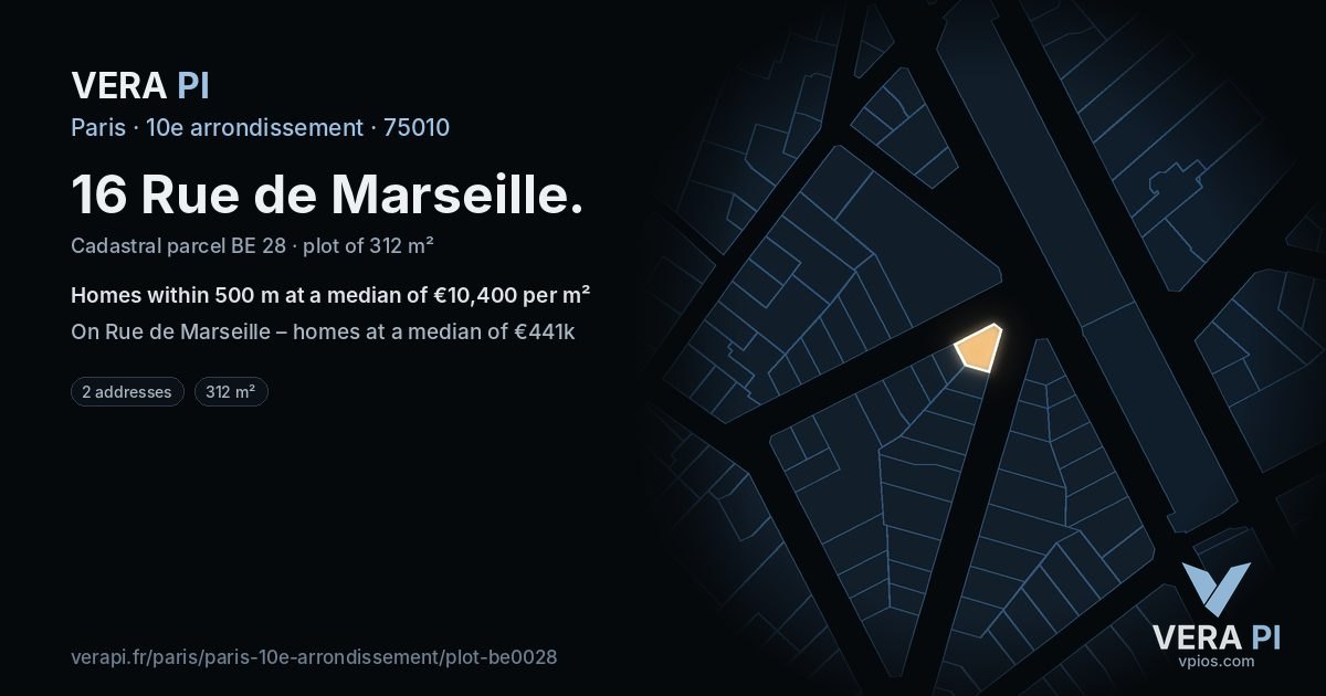 16 Rue de Marseille, 10e arrondissement at night – the plot lit, the parcels around coloured by the prices near them