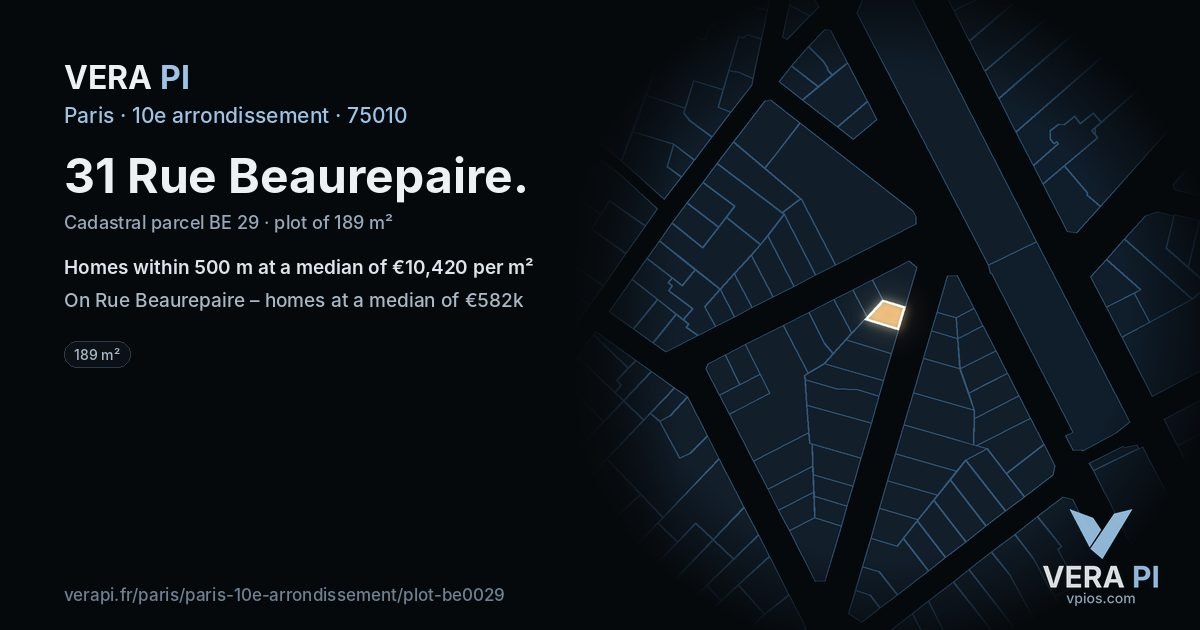 31 Rue Beaurepaire, 10e arrondissement at night – the plot lit, the parcels around coloured by the prices near them