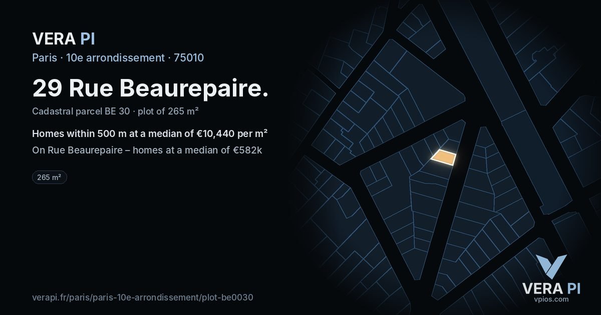 29 Rue Beaurepaire, 10e arrondissement at night – the plot lit, the parcels around coloured by the prices near them