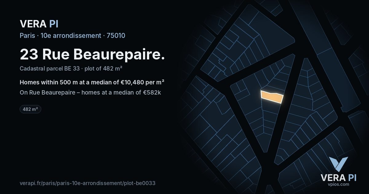 23 Rue Beaurepaire, 10e arrondissement at night – the plot lit, the parcels around coloured by the prices near them
