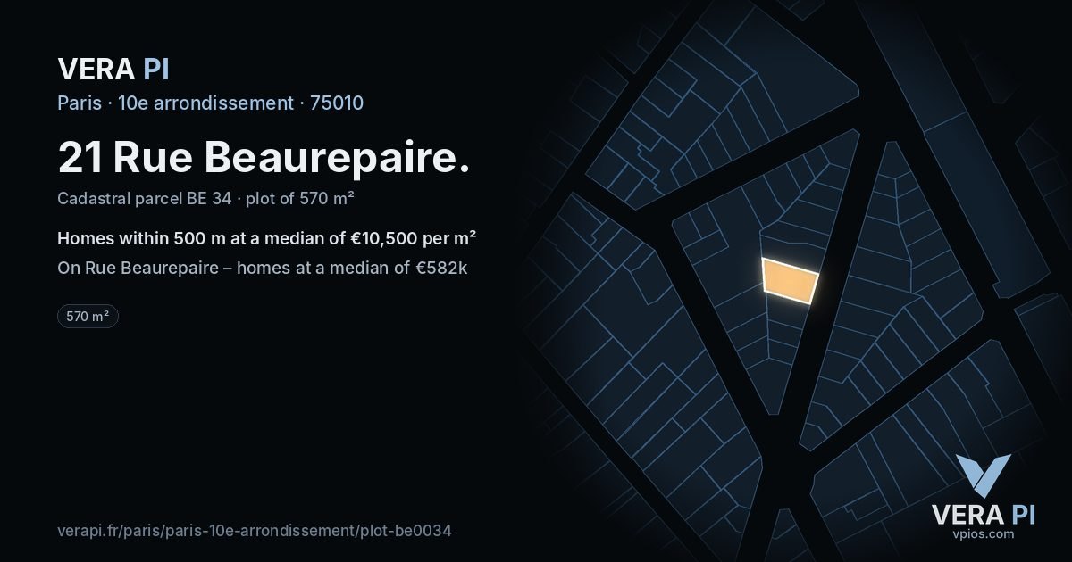 21 Rue Beaurepaire, 10e arrondissement at night – the plot lit, the parcels around coloured by the prices near them