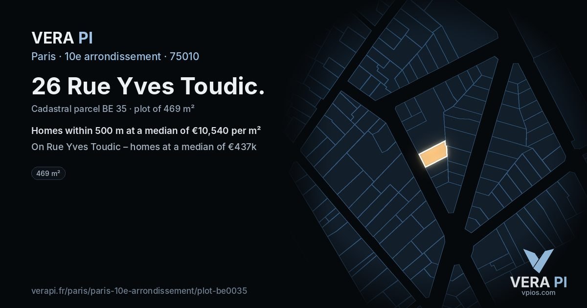 26 Rue Yves Toudic, 10e arrondissement at night – the plot lit, the parcels around coloured by the prices near them