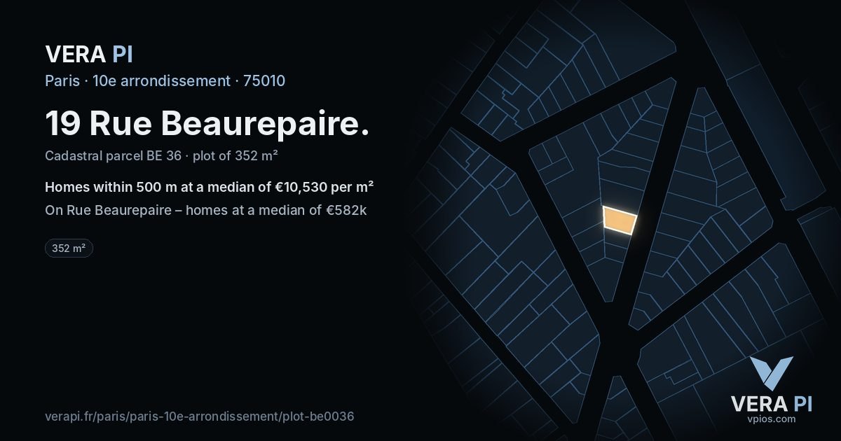 19 Rue Beaurepaire, 10e arrondissement at night – the plot lit, the parcels around coloured by the prices near them