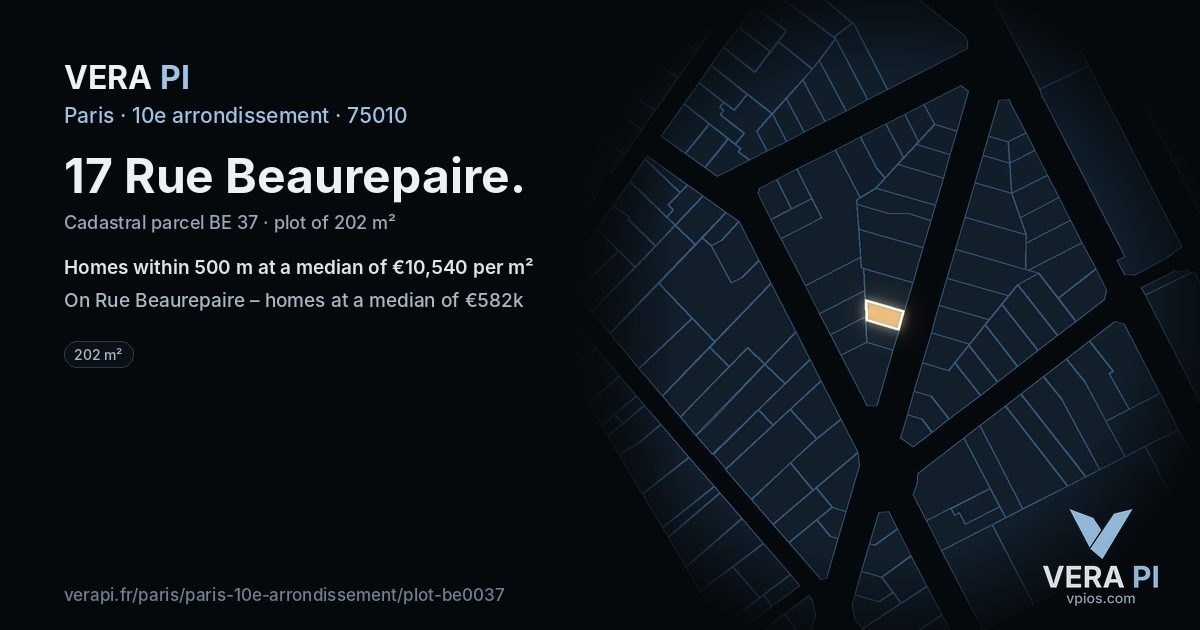 17 Rue Beaurepaire, 10e arrondissement at night – the plot lit, the parcels around coloured by the prices near them
