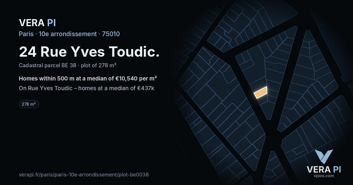 24 Rue Yves Toudic, 10e arrondissement at night – the plot lit, the parcels around coloured by the prices near them